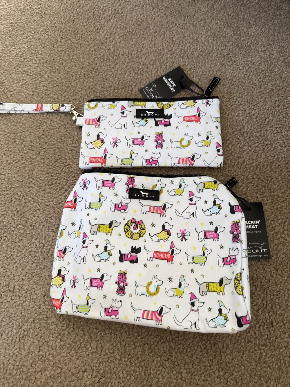 NWT Scout White Wristlet and Makeup Pouch with Colorful Dachshund Print